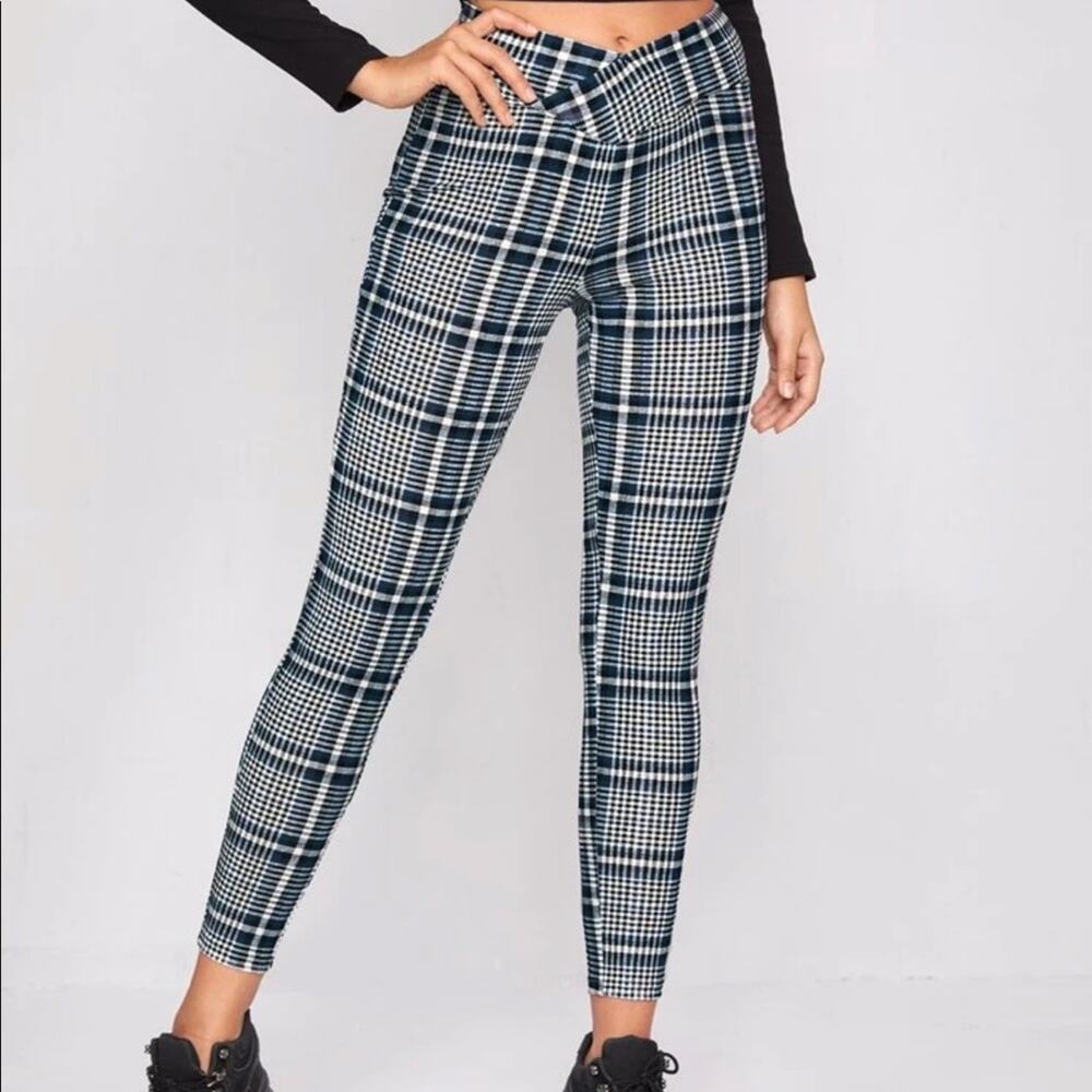 NEW SHEIN Navy Blue White Preppy Y2K Plaid Overlap Leggings Skinny Pants Small